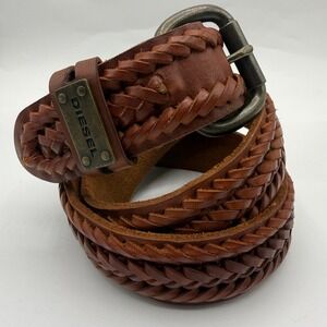 Diesel Brown Woven Braided Leather Belt STRIPEBRAID 100/40 Antiqued Buckle